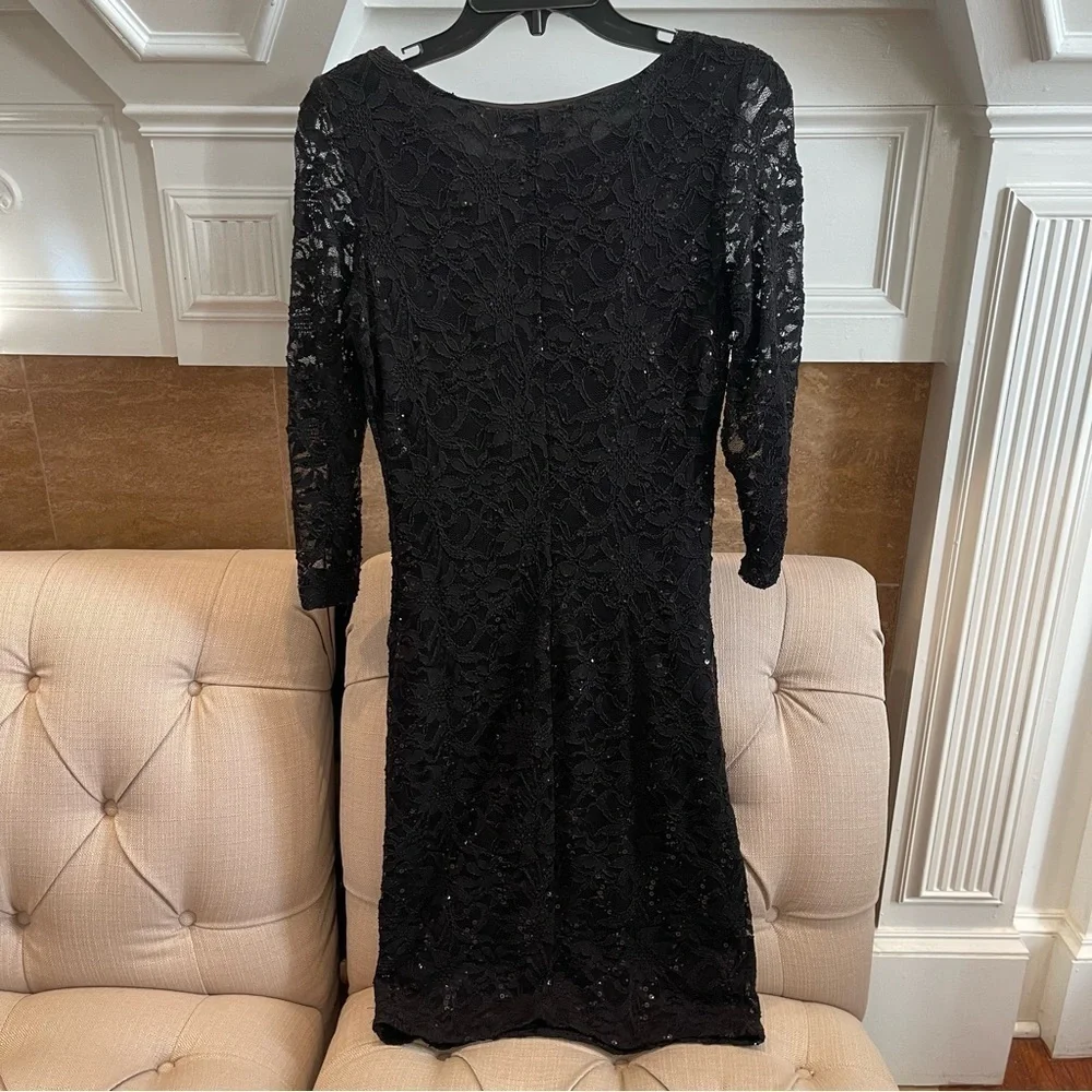 Marina Sequin Lace Sheath Dress Sz 12 Black 3/4 Sleeve Stretchy Evening Dress